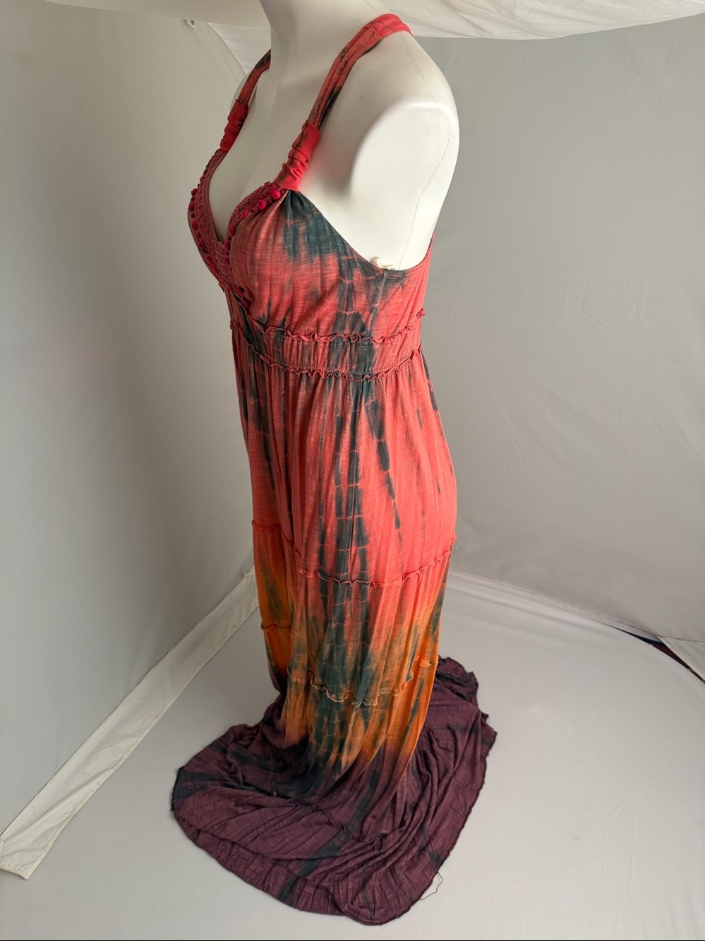 Hale Bob Cabana multicolor pink orange purple tie-dye beaded halter maxi dress M - Picture 3 of 10